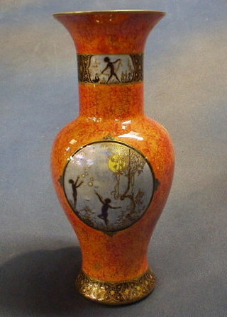 An Art Deco Carltonware pottery vase with orange lustre decoration and having panels decorated figures, the base marked Carltonware 11"