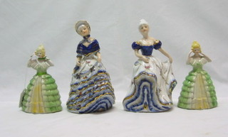 2 pairs of pottery figures of Crinoline ladies, 6" and 8 1/2" (4)