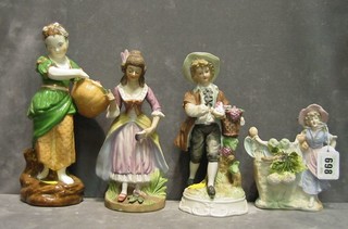 A 19th Century porcelain figure of a girl with basket of fruit and 3 biscuit porcelain figures