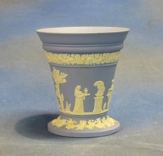 A blue Wedgwood trumpet shaped flower vase, base marked 29 5"