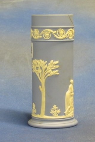 A Wedgwood blue Jasperware cylindrical vase 6 1/2", a pair of Wedgwood blue Jasperware specimen vases 6" base marked 73 and 1 other vase 5"