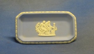 A rectangular Wedgwood blue Jasperware pin tray 6", an oval dish 4", a circular dish decorated a guide dish 4" and a heart shaped dish 4" (f)