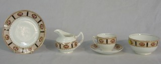 A Derby style 27 piece tea service comprising 2 bread plates, cream jug, sugar bowl, 8 tea plates, 8 cups and 8 saucers, 6 tea plates and a small collection of cut glass dressing table items