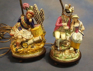 A Staffordshire arbour figure in the form of a shepherd and shepherdess, 11" converted for use as a table lamp (f and r) and 1 other reproduction table lamp