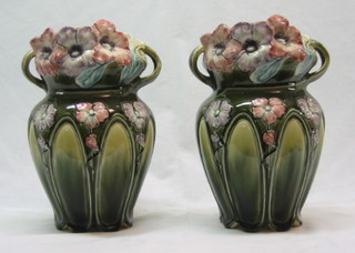 A pair of Art Nouveau pottery flower vases with floral decoration, the base marked 1382 12"