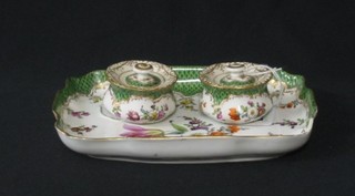 A late Dresden 2 bottle inkwell on a tray, with floral decoration, 7 1/2" (f and r)