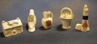 A Goss model of an ancient cooking pot decorated Arms of Arundel, do. model of an ancient Tyg decorated arms of Portsmouth, vase decorated Arms of Hove (f), vase decorated City of Durham (f), model of an ancient bottle decorated Arms of Sunderland and do, urn Arms of Dorking, vase decorated Arms of Tonbridge and a sherry crested top hat decorated Arms of Tunbridge Wells, together with 19 items of crested china and a porcelain pin cushion head