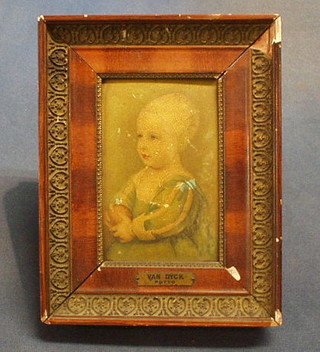 After Van Dyck, oil painting on copper, head and shoulders portrait "Bonnetted Child" 5" x 3" contained in a walnutwood frame