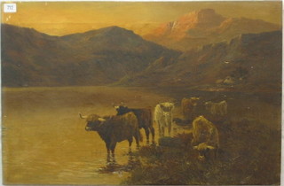 A 19th Century oil painting on canvas "Highland Cattle Watering" indistinctly signed 20" x 30"