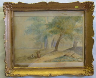 M H Buland, Victorian watercolour drawing "Two Figures in Wooded Garden" signed and dated 1889, 13" x 18"