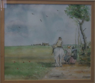 19th Century naive school, watercolour drawing "Mountain Farmer and 2 Ladies on a Track" 10" x 12"