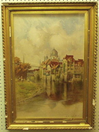 A E Burleigh Bruhl, a Continental watercolour drawing "Town with River and Figures" 21" x 14"
