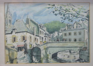 J S Covington, Continental watercolour drawing "Town Scene with River and Bridge" 9" x 13" signed and dated 1960