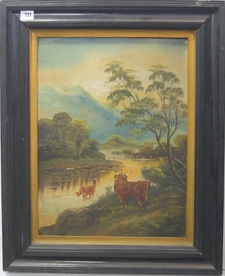 19th Century oil on board "Highland Cattle Watering at a River at the Foot of a Mountain" 19" x 15"