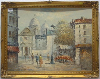 Bernet, French oil painting on paper "Church with Figures" 18" x 23"
