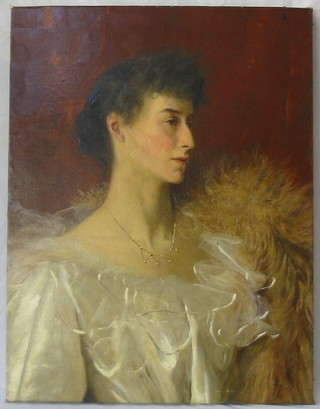 Arthur Wardle, oil painting on canvas,  Edwardian head and shoulders portrait "Lady in Evening Dress Wearing a Fox Fur Stole" 26" x 20" (reduced in size) signed and dated 1895