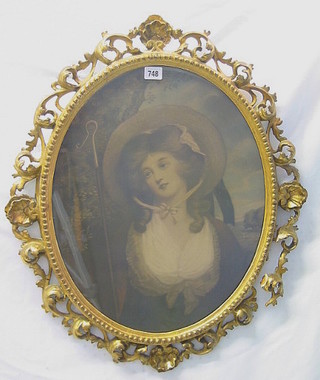 An 18th/19th Century coloured print "Shepherdess" contained in a carved gilt wood frame 20"