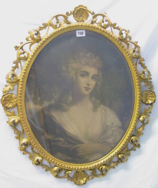 An 18th/19th Century coloured print "Noble Woman" contained in a carved decorative gilt frame 19"
