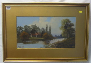 W Haines, oil painting on paper "Stream with Cottage" 9" x 17"