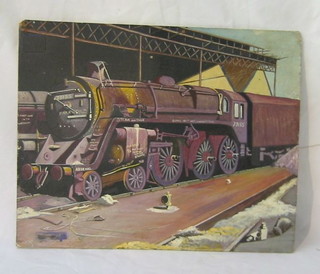 An oil painting on board "Dis-used Steam Locomotive" 14" x 17"