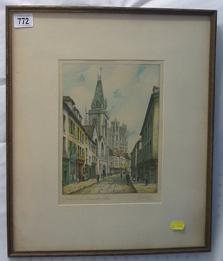 A coloured etching "Street Scene with Cathedral" 9" x 7"