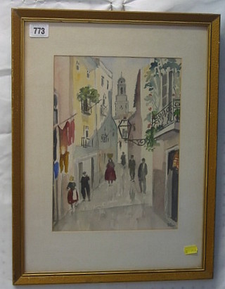 Joa Albesto, watercolour drawing "Continental Street Scene with Figures" 12" x 8"