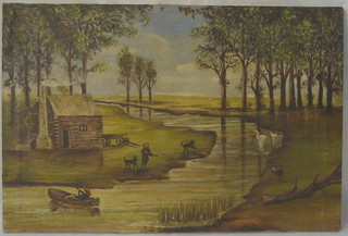 Naive oil painting on canvas "Thatched Log Cabin by a River with Dog and Ducks" 12" x 18"