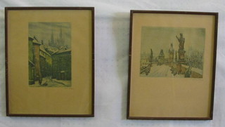 A pair of Continental coloured engravings "Street Scenes" 9" x 6" and 7" x 9"