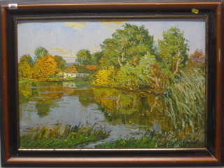 Volodymyr Zhugan, impressionist oil painting on canvas "Lake with Thatched Cottage" 19" x 27"