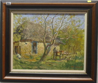 Anryiy Yalanskyi, impressionist oil painting on canvas "Figure by a Wooded Cottage 15" x 19"