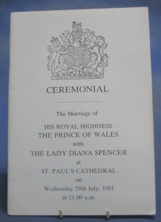The Ceremonial programme for the marriage of HRH Prince of Wales and Lady Diana Spencer, Wednesday 29th July 1981