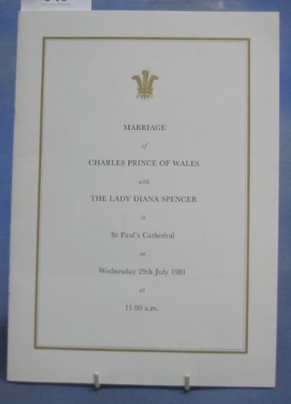 The programme for the marriage of Charles Prince of Wales and Lady Diana Spencer, Wednesday 29th July  1981