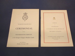 The Ceremonial programme for the 60th Birthday of HM The Queen, Monday 21st June 1986 and the Order of Service for the Service of Thanksgiving