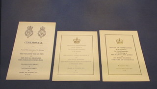 The Ceremonial programme for the 20th Anniversary of the marriage of HM The Queen and HRH Prince Philip Duke of Edinburgh Monday 20th November 1972 together with the Order of Service and the Order of Service for 50th Anniversary 20th November 1997 (3)