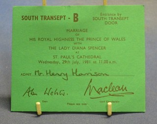 2 tickets to the marriage of HRH The Prince of Wales and Lady Diana Spencer at St Paul's Cathedral Wednesday 29th July 1981 at 11