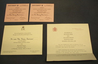 An invitation card to the marriage of HRH Prince Andrew and Sarah Ferguson at Westminster Abbey 23rd July 1986 and 2 tickets