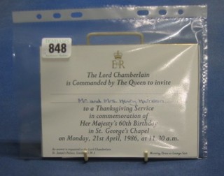 An invitation card to the Thanksgiving Service to commemorate  HM The Queen's 60th Birthday 21st April 1986 and an invitation card to the Service of Thanksgiving on the Occasion on the 50th Anniversary of the Marriage of HM The Queen and The Duke of Edinburgh at Westminster Abbey, together