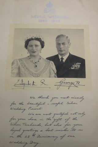 A black and white photograph of HM King George VI and Queen Elizabeth thanking staff for a silver wedding gift