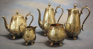 A 5 piece Victorian Britannia metal tea/coffee service comprising teapot, twin handled sugar bowl, cream jug, coffee pot and hotwater jug