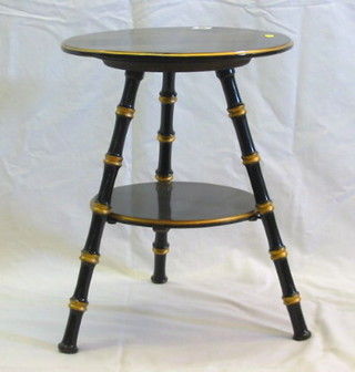A Victorian ebonised and gilt painted faux bamboo circular 2 tier occasional table 15"