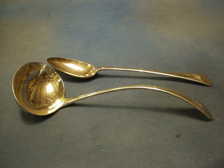 A silver plated Old English pattern soup ladle and a matching serving spoon