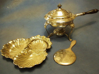 A silver plated chafing dish and stand by Mappin & Webb, a scalloped 3 section dish and a silver backed hand mirror