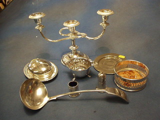 A silver plated 3 light candelabrum, a fiddle pattern soup ladle, a pierced wine coaster etc