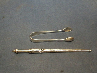 A "silver plated" propelling pencil marked Morden and a pair of silver sugar tongs