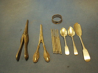 A Georgian silver fiddle pattern fish knife, 2 silver spoons, a collection of nut picks etc