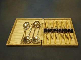 A set of 6 silver plated fish knives and forks and 6 silver plated soup spoons, cased