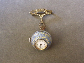 A lady's Continental enamel pendant ball watch with blue and gilt enamel hung a marcasite pendant