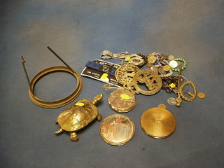 A quantity of costume jewellery, silver bracelet, compacts etc