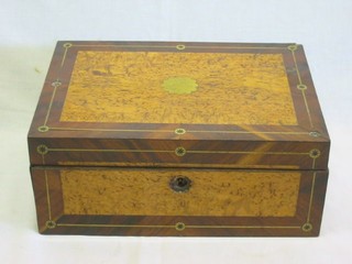 A fine quality 19th Century burr walnutwood, crossbanded rosewood and brass inlaid sewing box with hinged lid, 11"