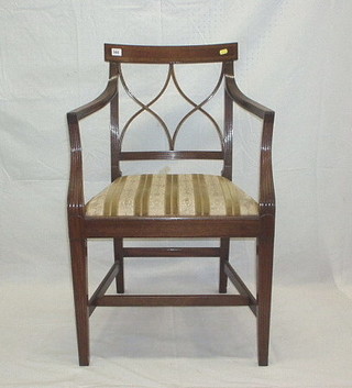 An Edwardian inlaid mahogany Georgian style bar back desk chair, on square reeded supports